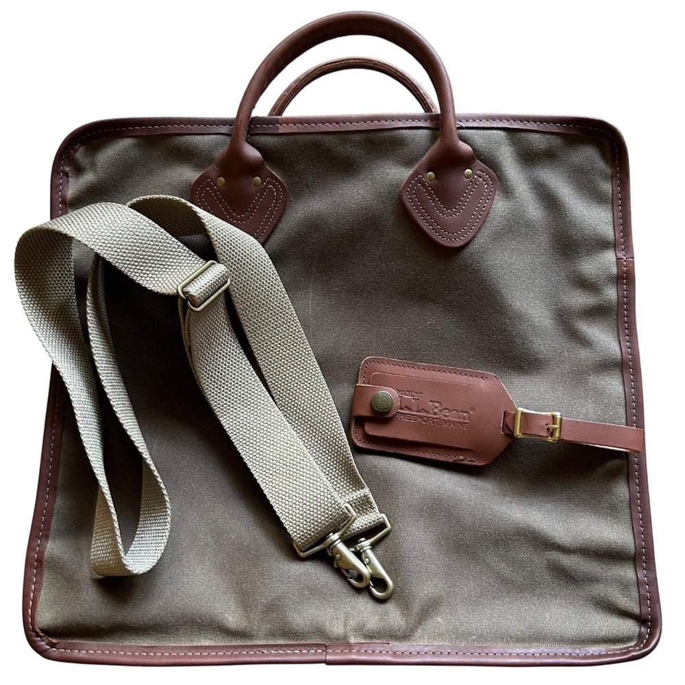 LL Bean Vintage Waxed Canvas Briefcase Messenger Computer Bag Leather Trim 90s